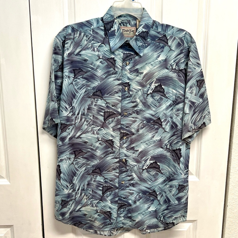 Bimini Bay Men's Short Sleeve Button-Down Shirt in Teal Brushstroke Size L